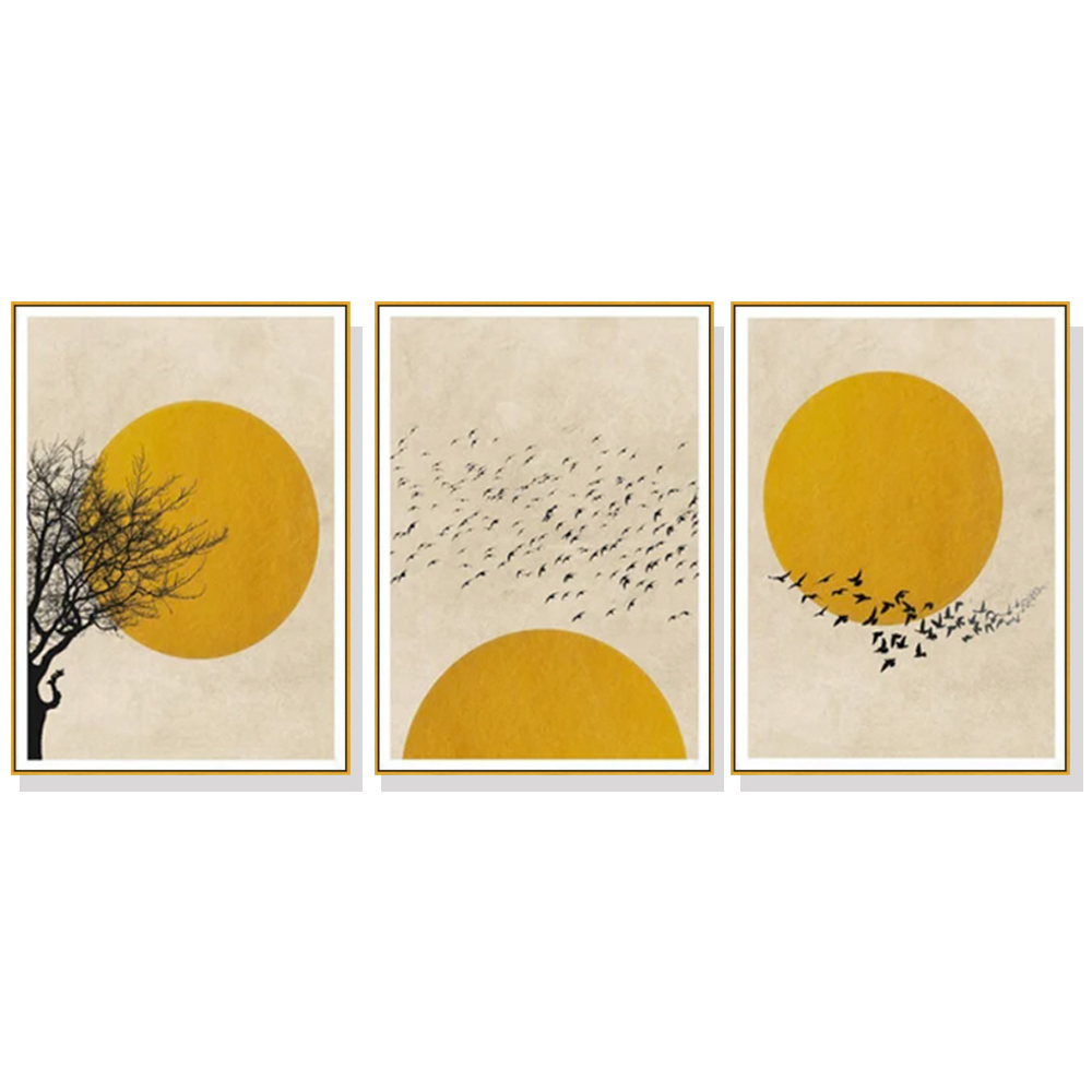 V207-1526-2-146308-00 Wall Art 80cmx120cm Flock Of Birds Sun Silhouette 3 Sets Gold Frame Canvas - Image 1