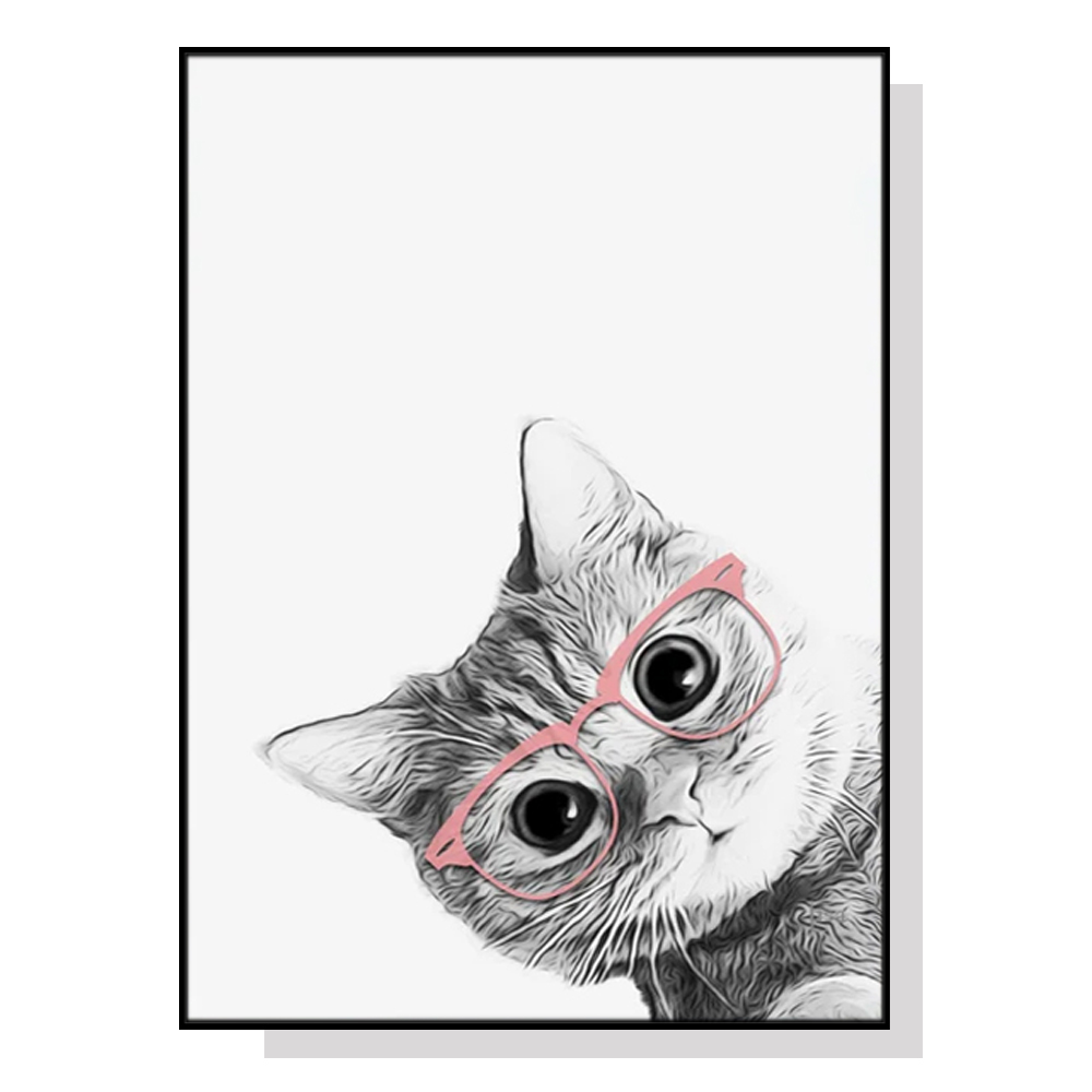 V207-1544-2-146334-00 Wall Art 90cmx135cm Cat With Glasses Black Frame Canvas - Image 1