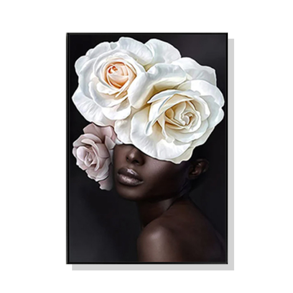 V207-1558-2-146268-00 Wall Art 90cmx135cm Flower African Woman Black Frame Canvas - Image 1