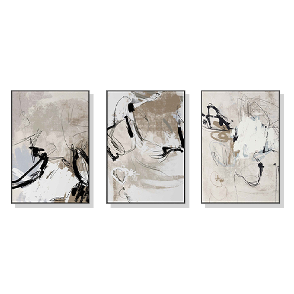 V207-1572-2-146282-00 Wall Art 80cmx120cm Modern Abstract Beige 3 Sets Black Frame Canvas - Image 1