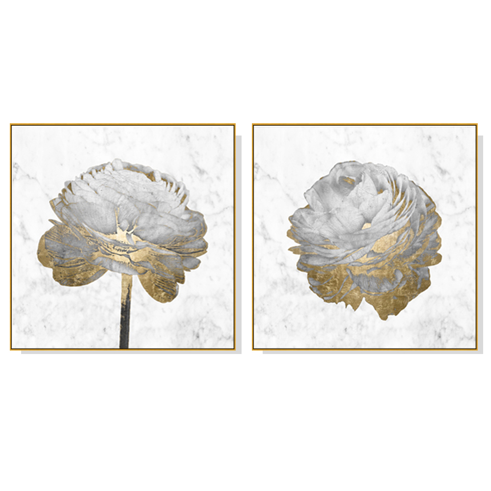 V207-1596-2-146223-00 Wall Art 80cmx80cm Gold And White Blossom On White 2 Sets Gold Frame Canvas - Image 1