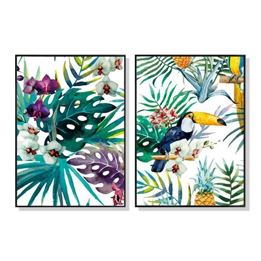 V207-1647-71792-00 Wall Art 60cmx90cm Toucan and orchid 2 Sets Black Frame Canvas - Image 1