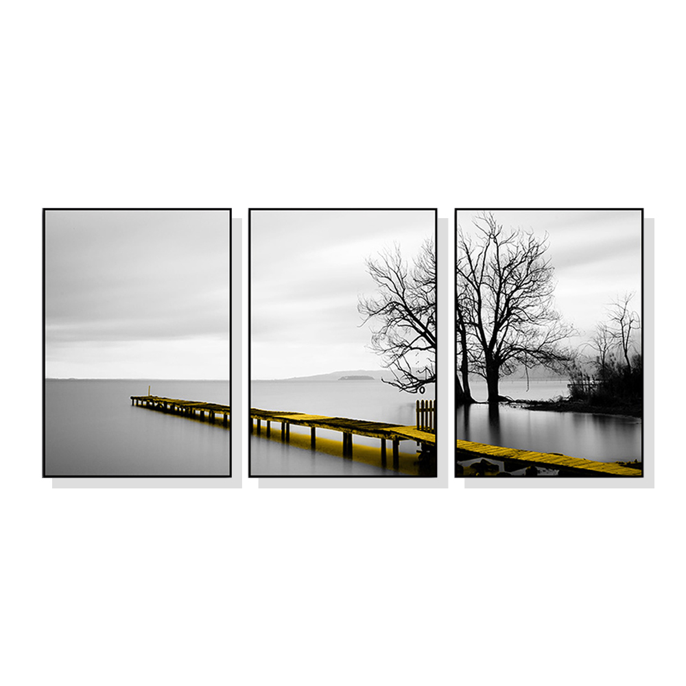 V207-1660-73373-00 Wall Art 50cmx70cm Calm Lake Bridge Tree Scene 3 Sets Black Frame Canvas - Image 1
