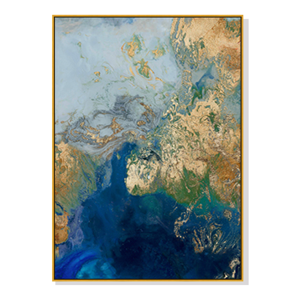 V207-16652-130715-00 Wall Art 90cmx135cm Marbled Blue Gold Artwork Gold Frame Canvas - Image 1