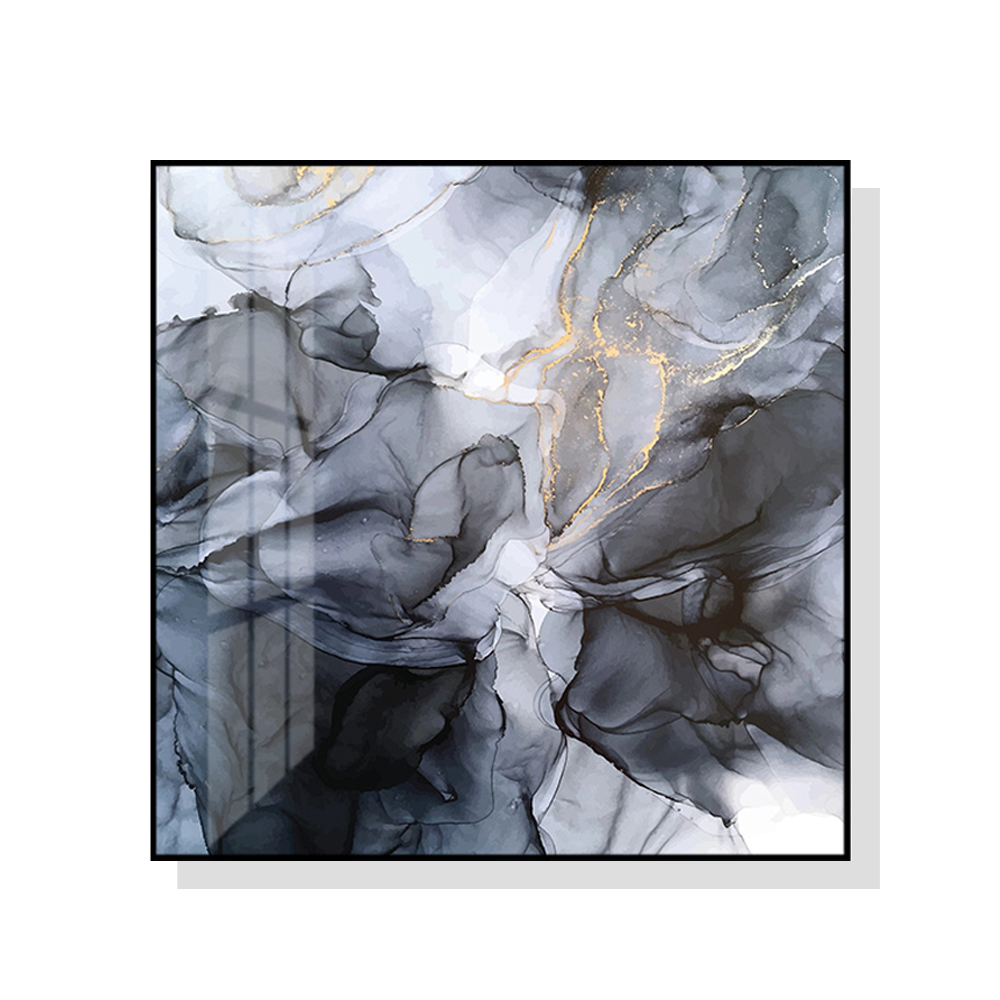 V207-1677-73388-00 Wall Art 60cmx60cm Marbled Black Grey Black Frame Canvas - Image 1