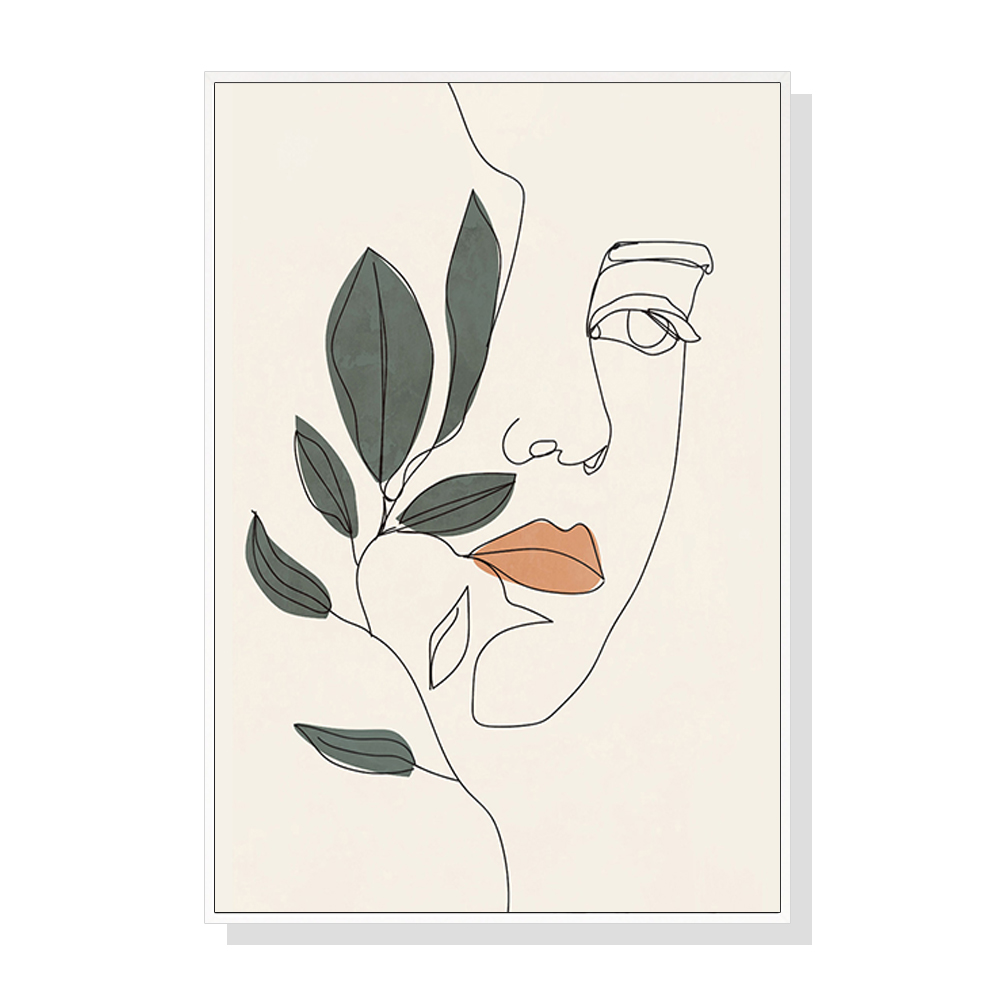 V207-1701-75078-00 Wall Art 60cmx90cm Line Art Girl Face White Frame Canvas - Image 1