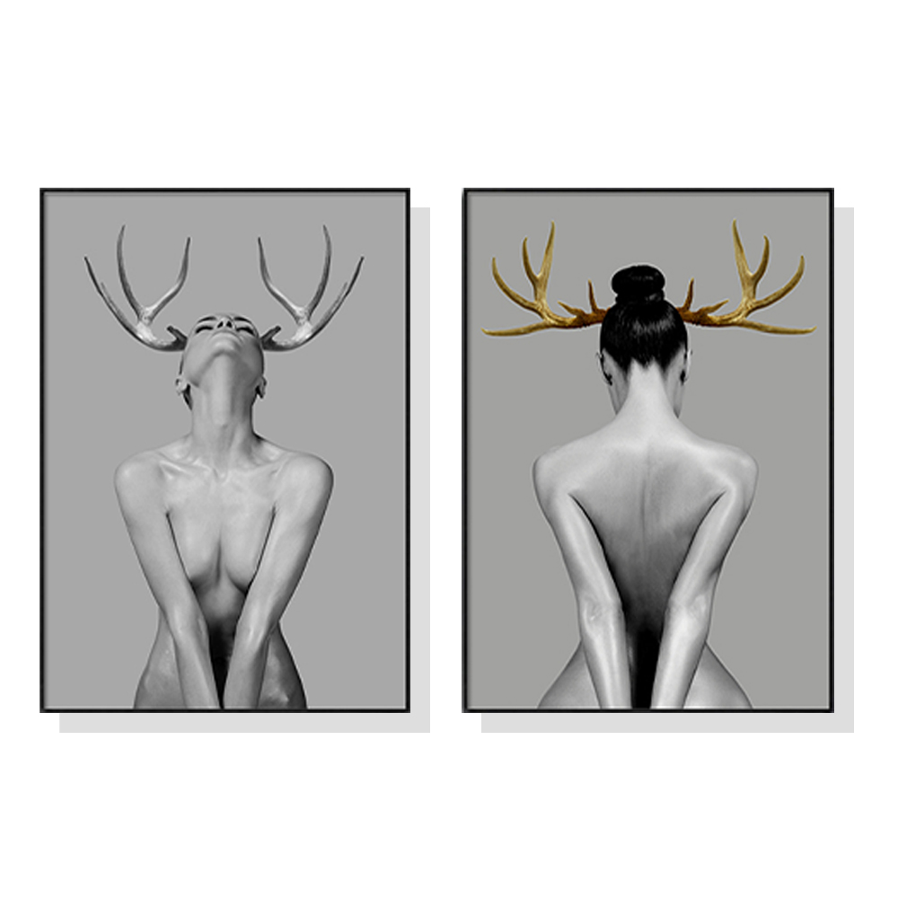 V207-17043-130891-00 Wall Art 90cmx135cm Girl With Gold Horn 2 Sets Black Frame Canvas - Image 1
