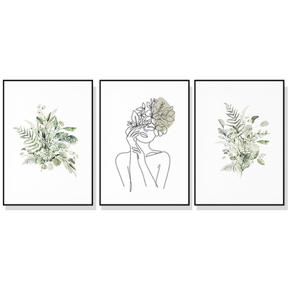 V207-1719-77368-00 Wall Art 40cmx60cm Botanical Line Girl 3 Sets Black Frame Canvas - Image 1