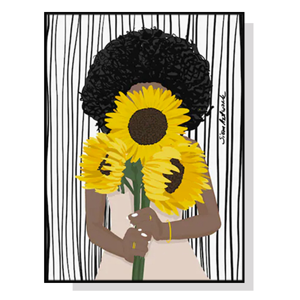 V207-1723-77384-00 Wall Art 60cmx90cm African Woman Sunflower Black Frame Canvas - Image 1