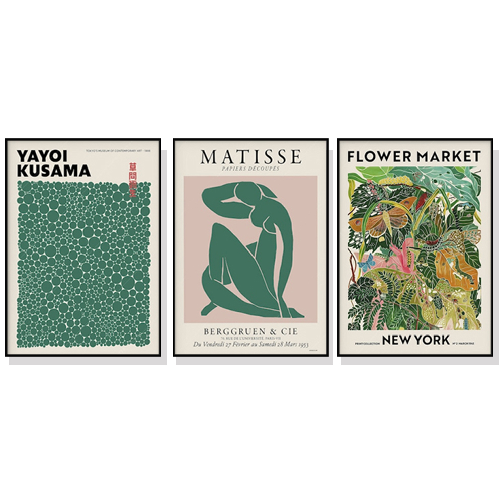 V207-17403-130865-00 Wall Art 90cmx135cm Flower Market, Matisse Print, Yayoi Kusama 3 Sets Black Frame Canvas - Image 1