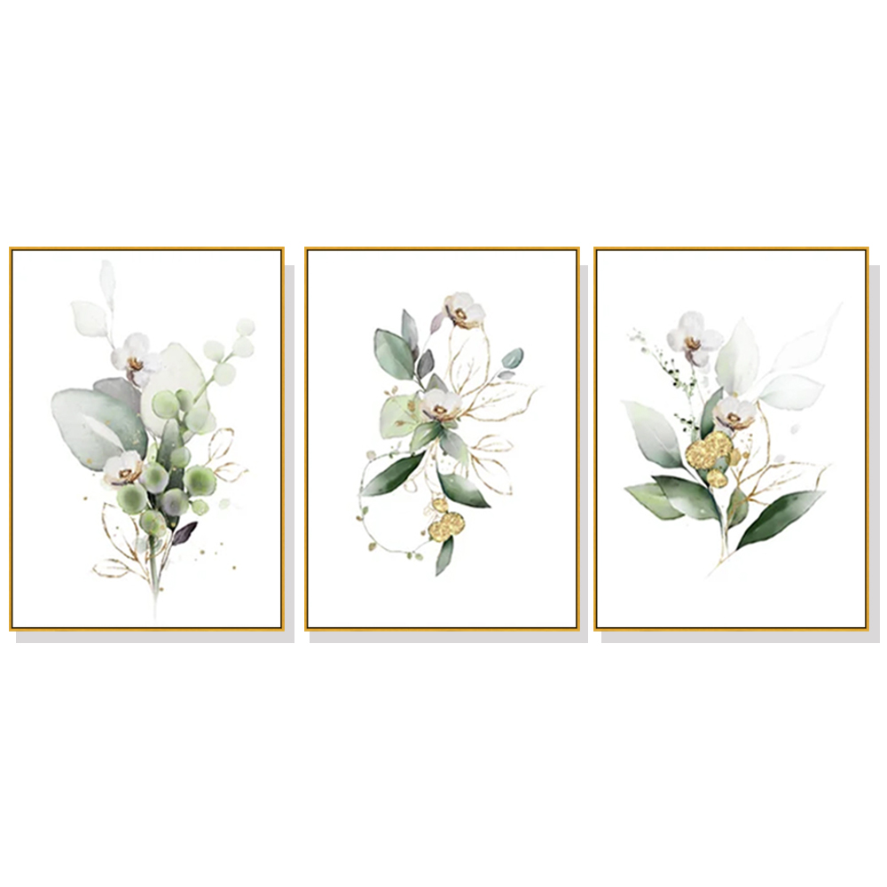 V207-1776-78824-00 Wall Art 50cmx70cm Green and Gold Watercolor Botanical 3 Sets Gold Frame Canvas - Image 1