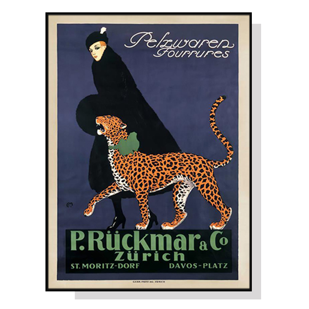 V207-1911-83919-00 Wall Art 60cmx90cm Woman Walking Leopard Vintage Black Frame Canvas - Image 1