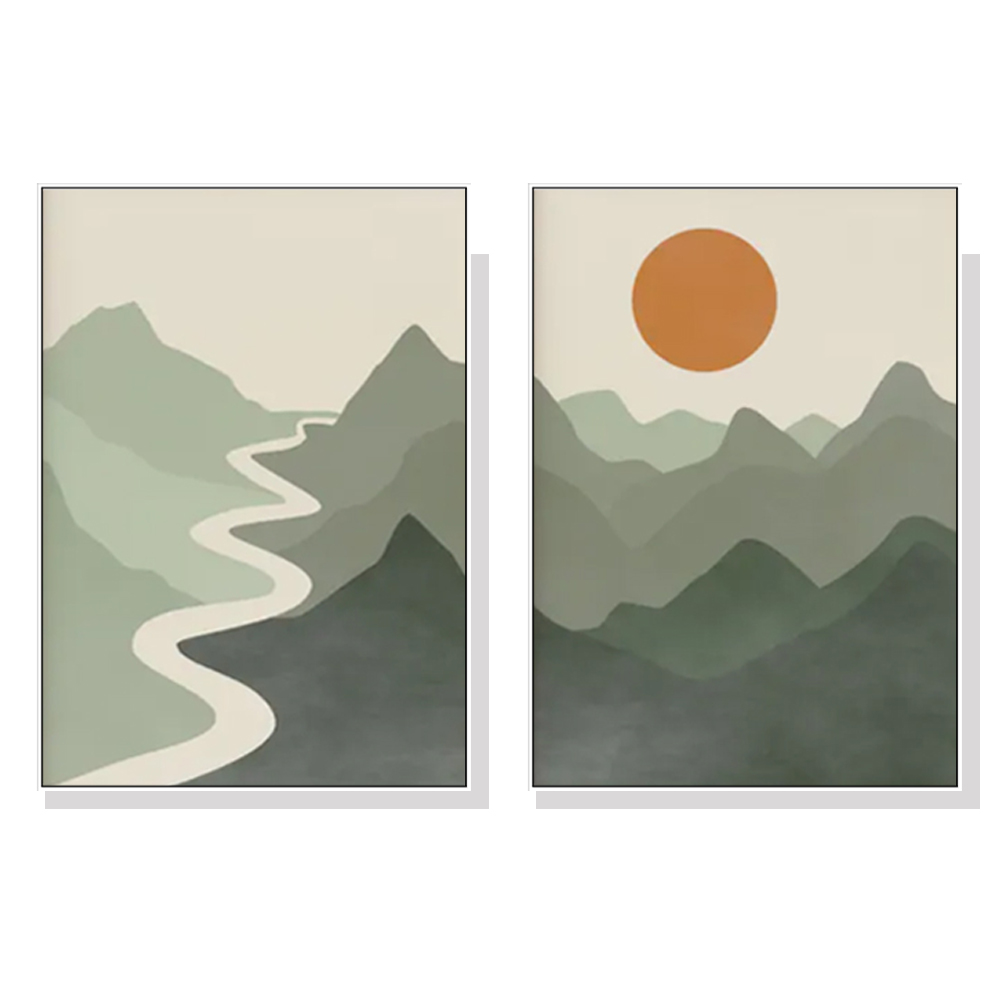 V207-19853-97792-00 Wall Art 90cmx135cm Sage Green River Mountain 2 Sets White Frame Canvas - Image 1