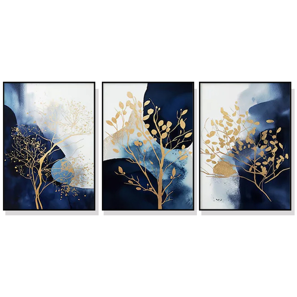 V207-2035-88933-00 Wall Art 60cmx90cm Navy and Gold Watercolor Shapes 3 Sets Black Frame Canvas - Image 1