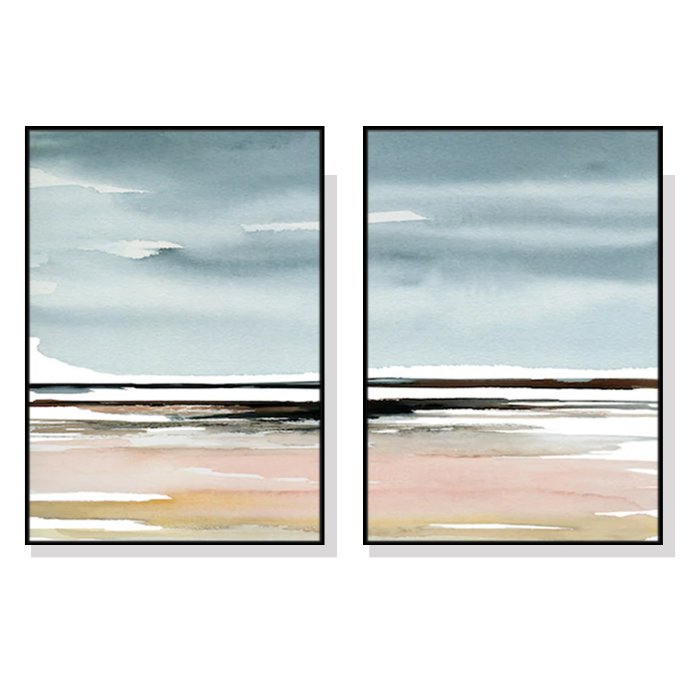 V207-2045-88974-00 Wall Art 70cmx100cm Pink Beach Landscape 2 Sets Black Frame Canvas - Image 1