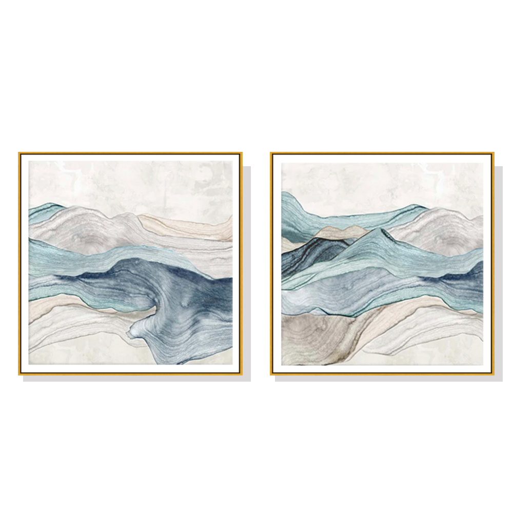 V207-20942-97560-00 Wall Art 80cmx80cm Blue Mountain 2 Sets Gold Frame Canvas - Image 1