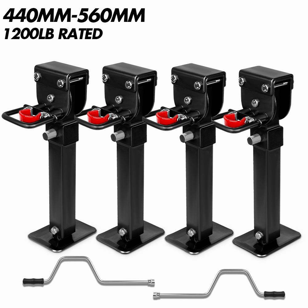 V211-AUEB-CL001X2-189565-00 X-BULL 4x 440mm Drop Down Corner Legs W/Handle Steel Base Caravan Stabilizer Black - Image 1
