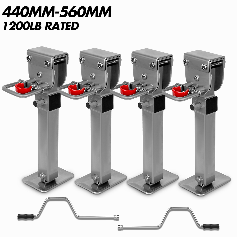 V211-AUEB-CL002X2-189566-00 X-BULL 4x 440mm Drop Down Corner Legs Steadies Handle Steel Foot Caravan Trailer Silver - Image 1