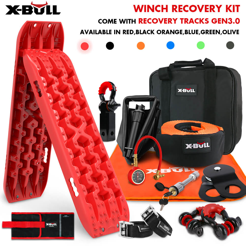 V211-AUEB-XBRK011RT006V-150070-00 X-BULL Winch Recovery Kit with Recovery Tracks Boards Gen 3.0 Snatch Strap Off Road 4WD Red - Image 1
