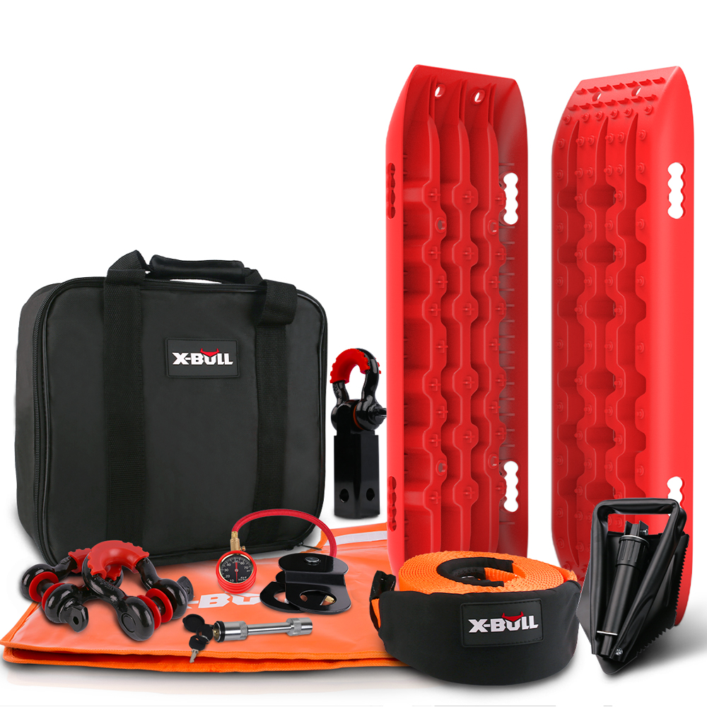 V211-AUEB-XBRK011ST001S-149135-00 X-BULL Winch Recovery Kit Snatch Strap Off Road 4WD with Recovery Tracks Gen 2.0 Boards RED - Image 1