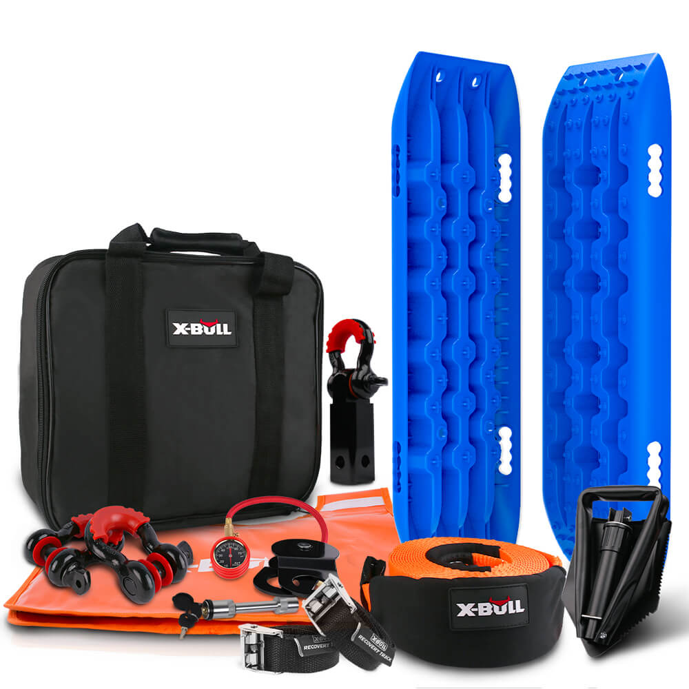 V211-AUEB-XBRK011ST005S-149138-00 X-BULL Winch Recovery Kit Snatch Strap Off Road 4WD with Recovery Tracks Gen 2.0 Boards Blue - Image 1