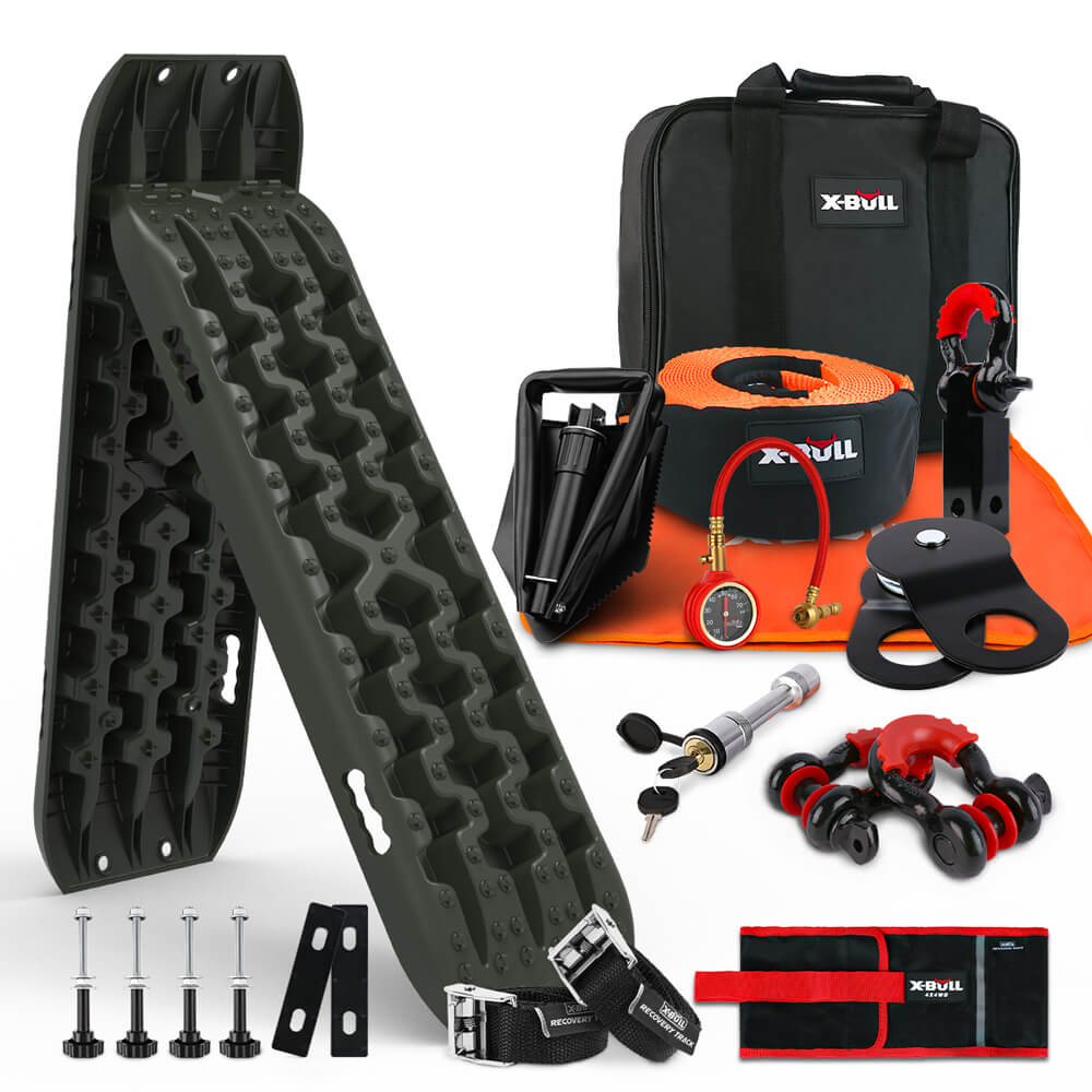 V211-AUEB-XBRK011XBRT007V-150063-00 X-BULL Winch Recovery Kit with Recovery Tracks Boards Gen 3.0 Mounting Pins Snatch Strap Off Road 4WD Olive - Image 1