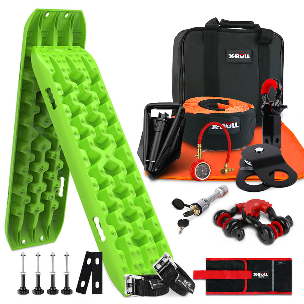 V211-AUEB-XBRK011XBRT017V-150059-00 X-BULL Winch Recovery Kit with Recovery Tracks Boards Gen 3.0 Mounting Pins Snatch Strap Off Road 4WD Green - Image 1