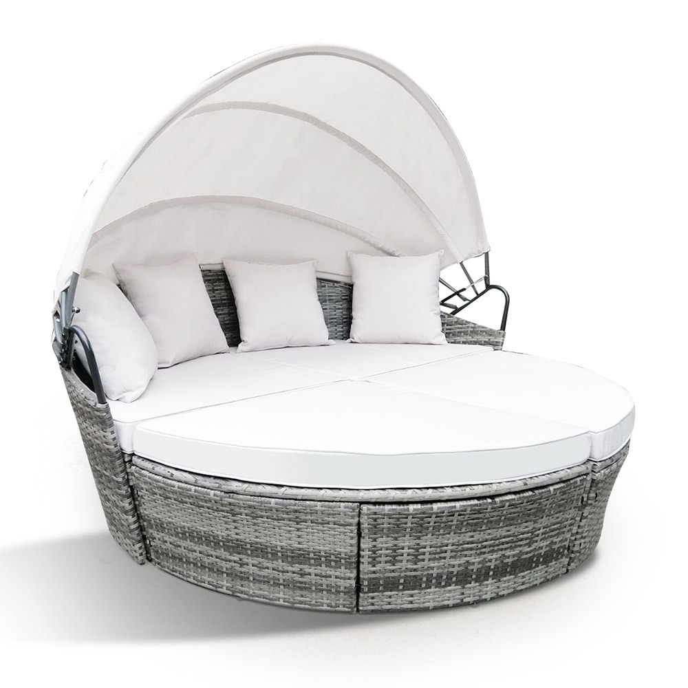 V219-FURODRLONADBG4-74014-00 LONDON RATTAN 3PC Outdoor Daybed Patio Rattan Sofa Sun Lounge Furniture Grey Wicker Off White Canopy - Image 1