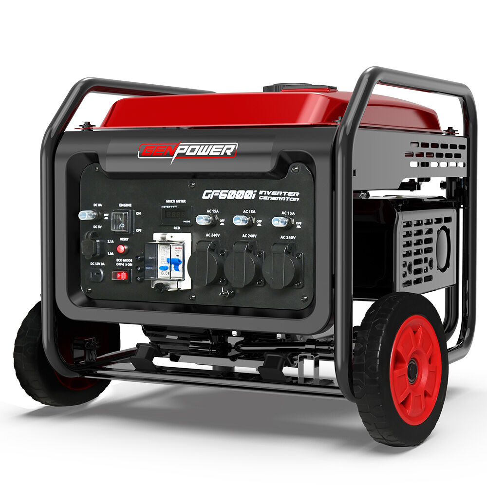 V219-GENPTRGN60FA-225535-00 GENPOWER 6kW Peak 5kW Open Frame Inverter Generator, 3x15A, 15L Tank, Wheels, RCD, Portable, Backup - Image 1