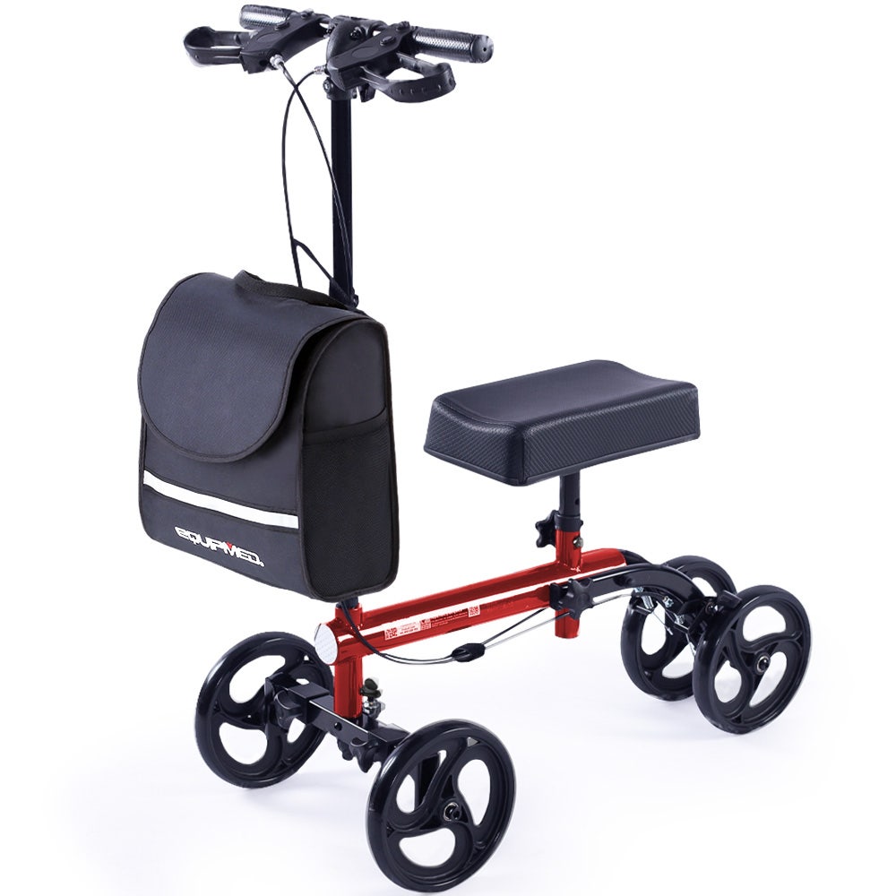 V219-HELKNSEQS1RB-202506111040-00 Equipmed Knee Scooter Walker, Dual Brakes - Bag - Broken Leg Ankle Foot Mobility - Crutches Alternative - Red - Image 1