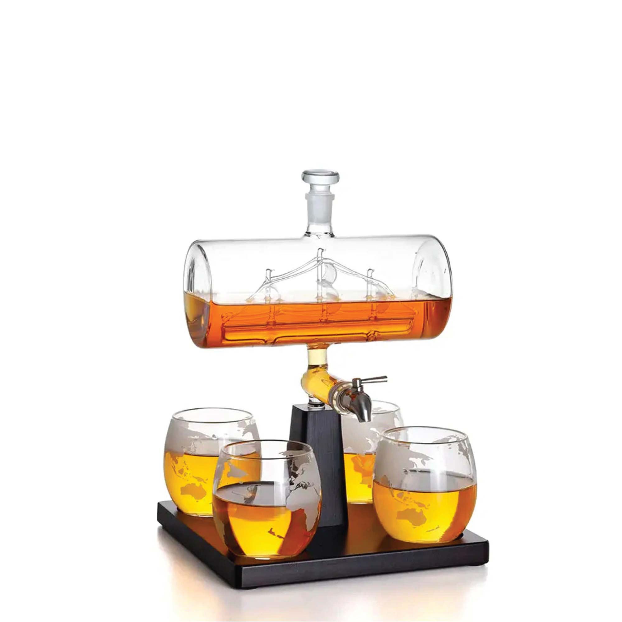 V238-SUPDZ-40479795740752-202505271530-00 1L Whiskey or Wine Sailboat Glass Decanter Set - 4x Globe Glasses + Wooden Stand - Image 1