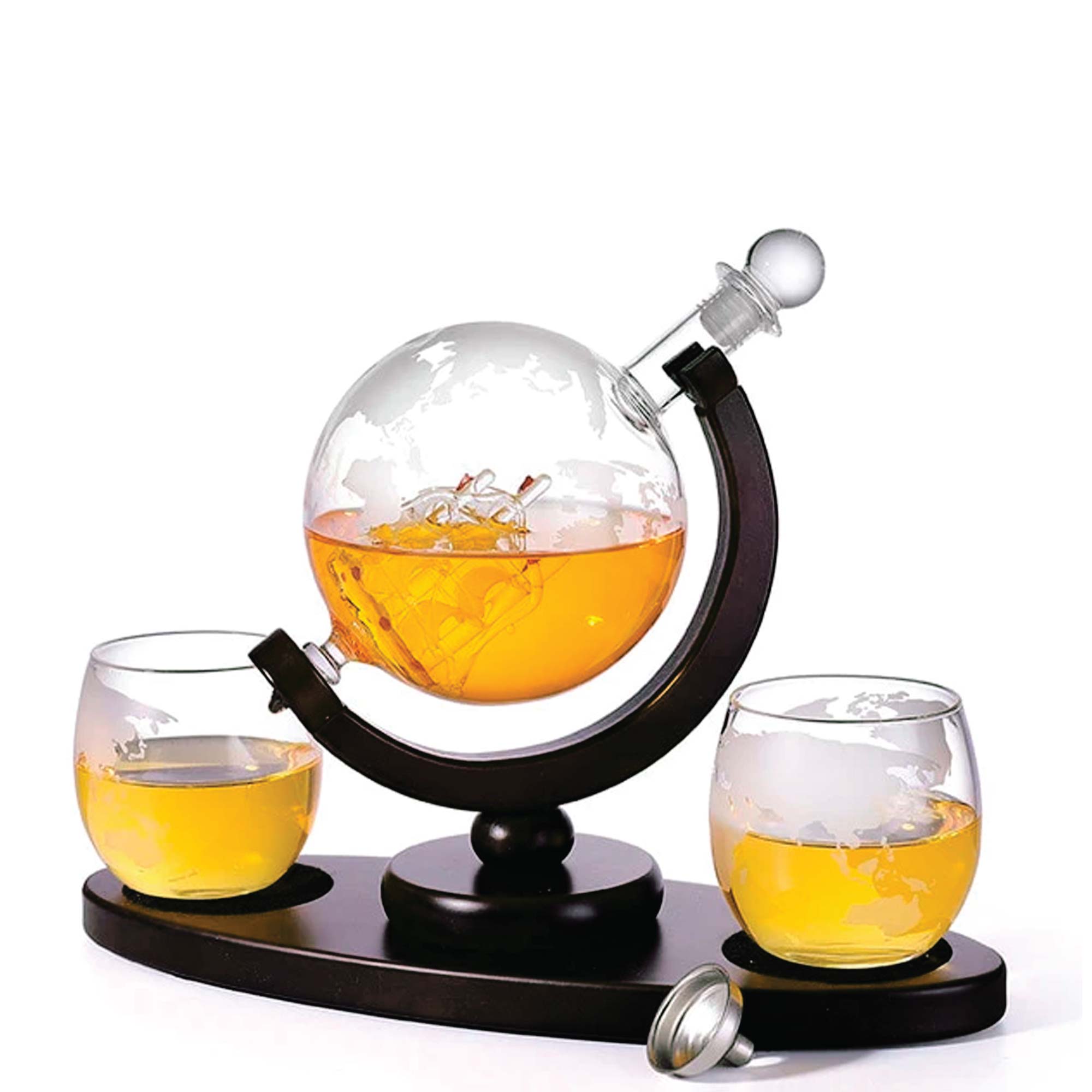 V238-SUPDZ-40479873269840-202507252155-00 850ml Whiskey or Wine Globe Glass Decanter Set - 2x Glasses + Wooden Stand - Image 1