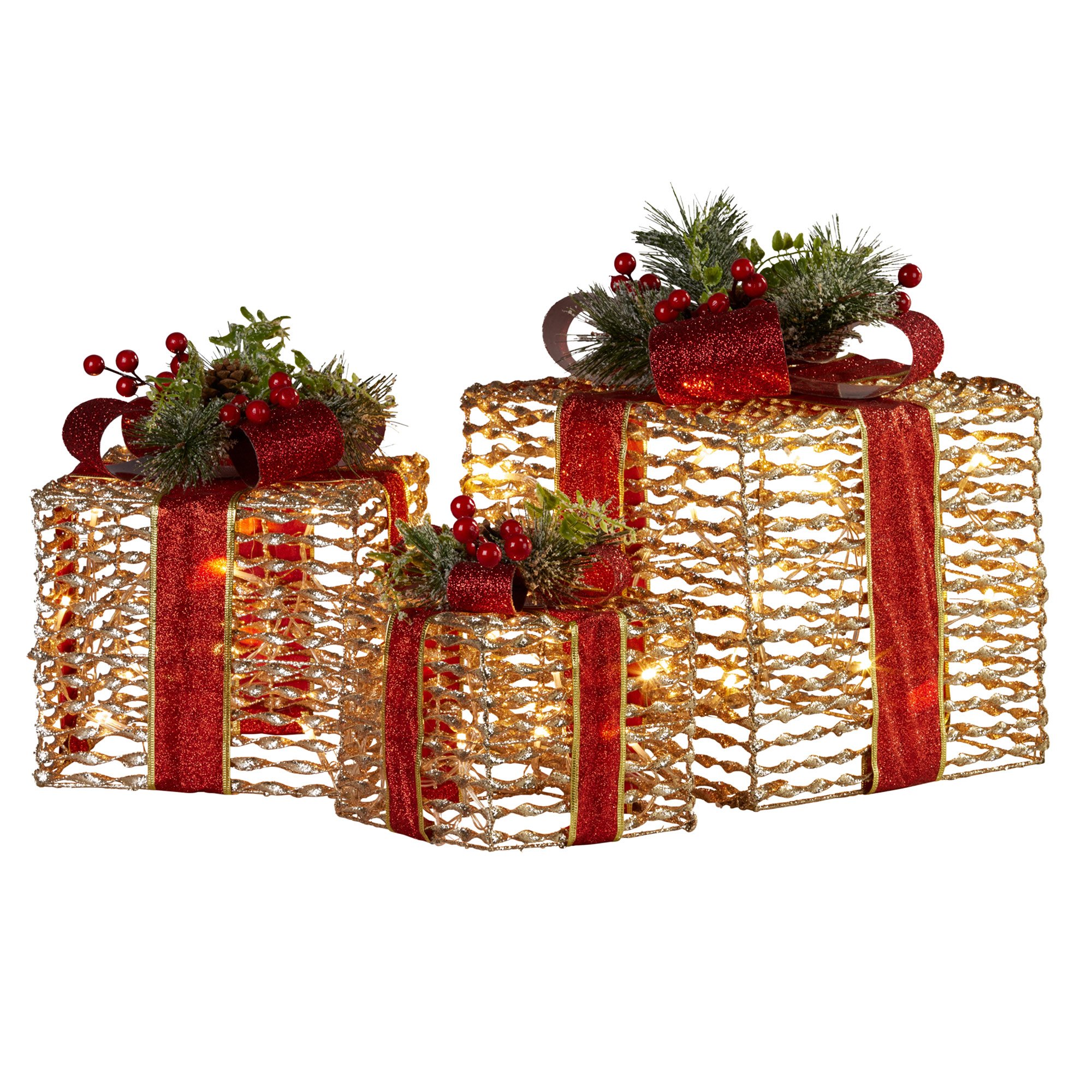 V240-112_MHA511-206802-00 Christabelle Set Of 3 Christmas Gift Boxes With Lights - Champagne With Red Bows - Image 1