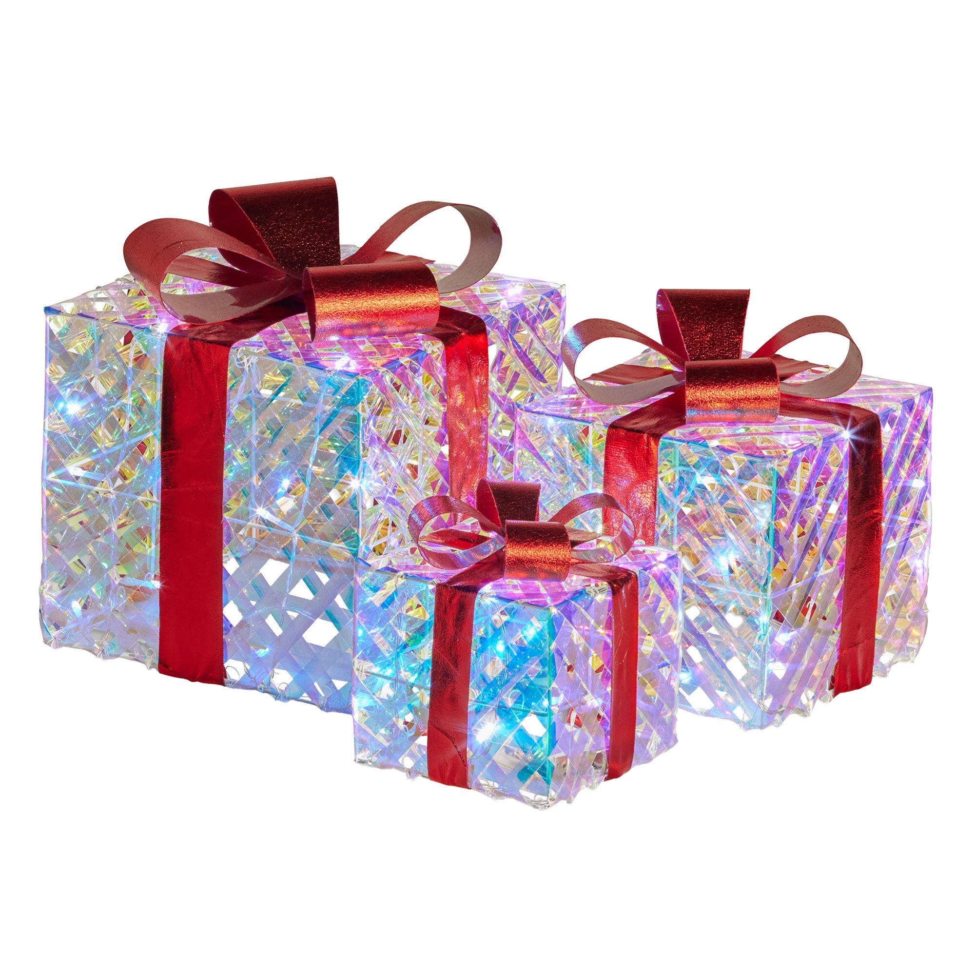 V240-112_MHA519-206800-00 Christabelle Set of 3 Christmas Gift Boxes With Lights - Clear Shimmer With Red Bows - Image 1
