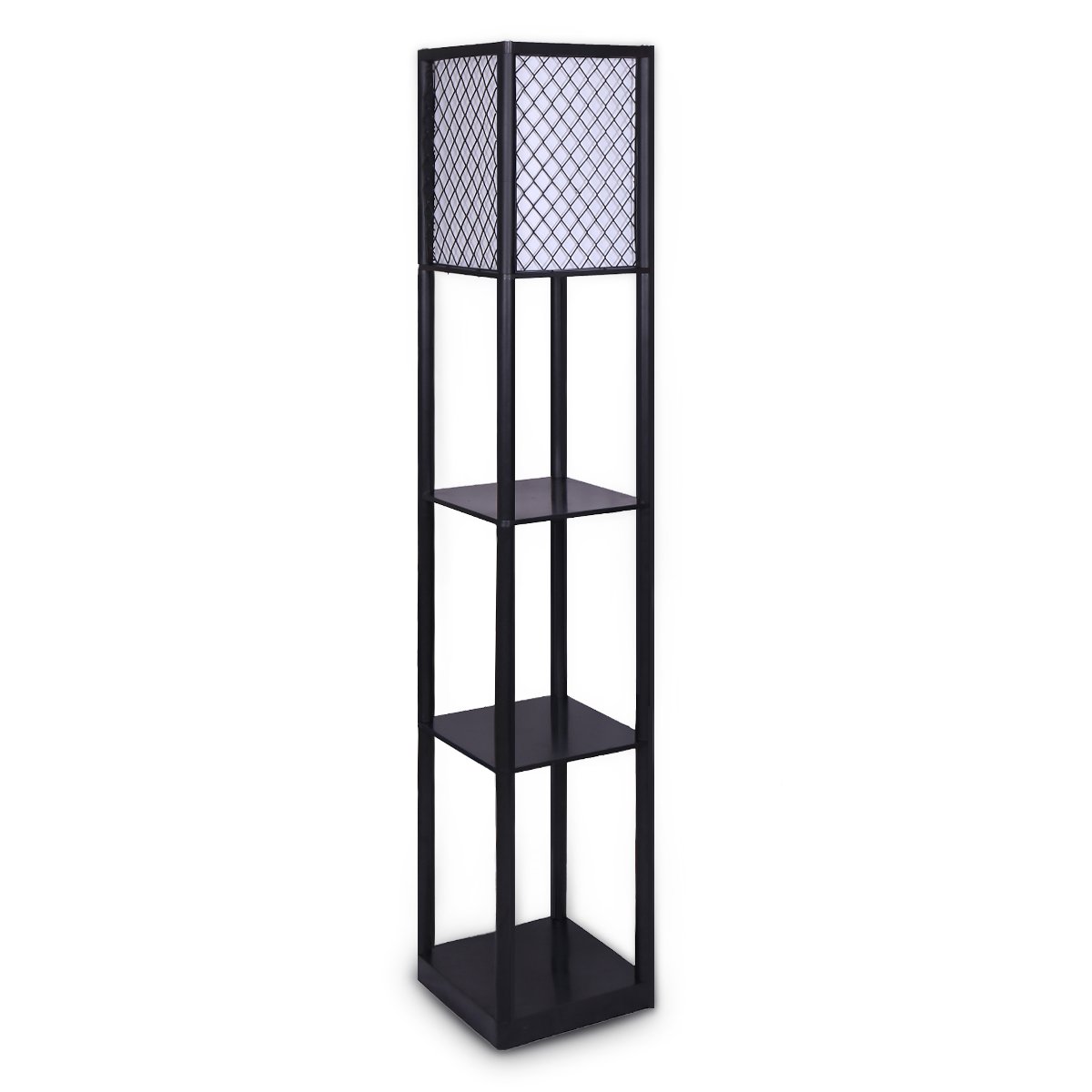 V240-LMP-MLM-269-71620-00 Sarantino Etagere Floor Lamp Diamond Look Fabric Shade Shelves Black - Image 1