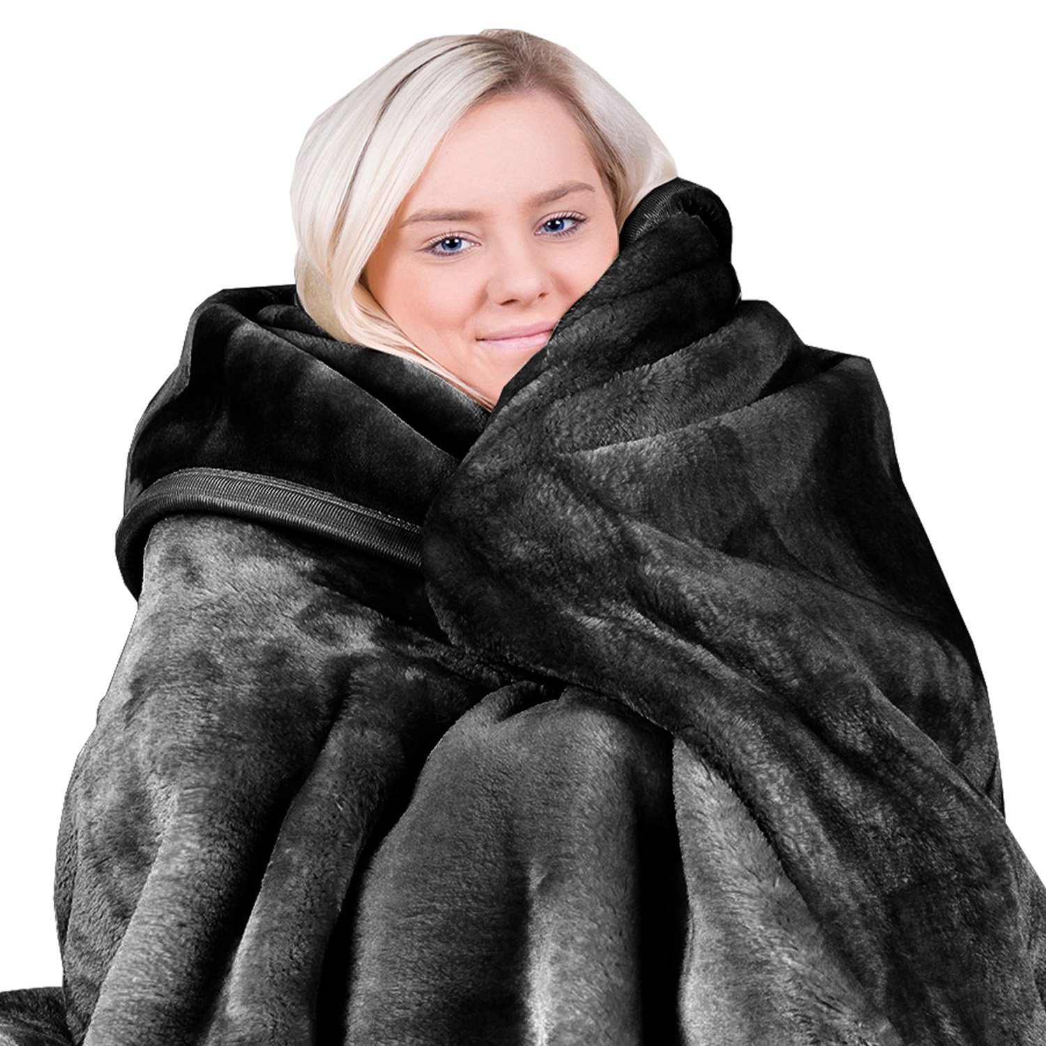 V240-MNKHV-BK-167572-00 Laura Hill 800-gsm Faux Mink Throw Rug Blanket Queen Size Double-sided Large Super Luxurious Soft Heavy - Black - Image 1