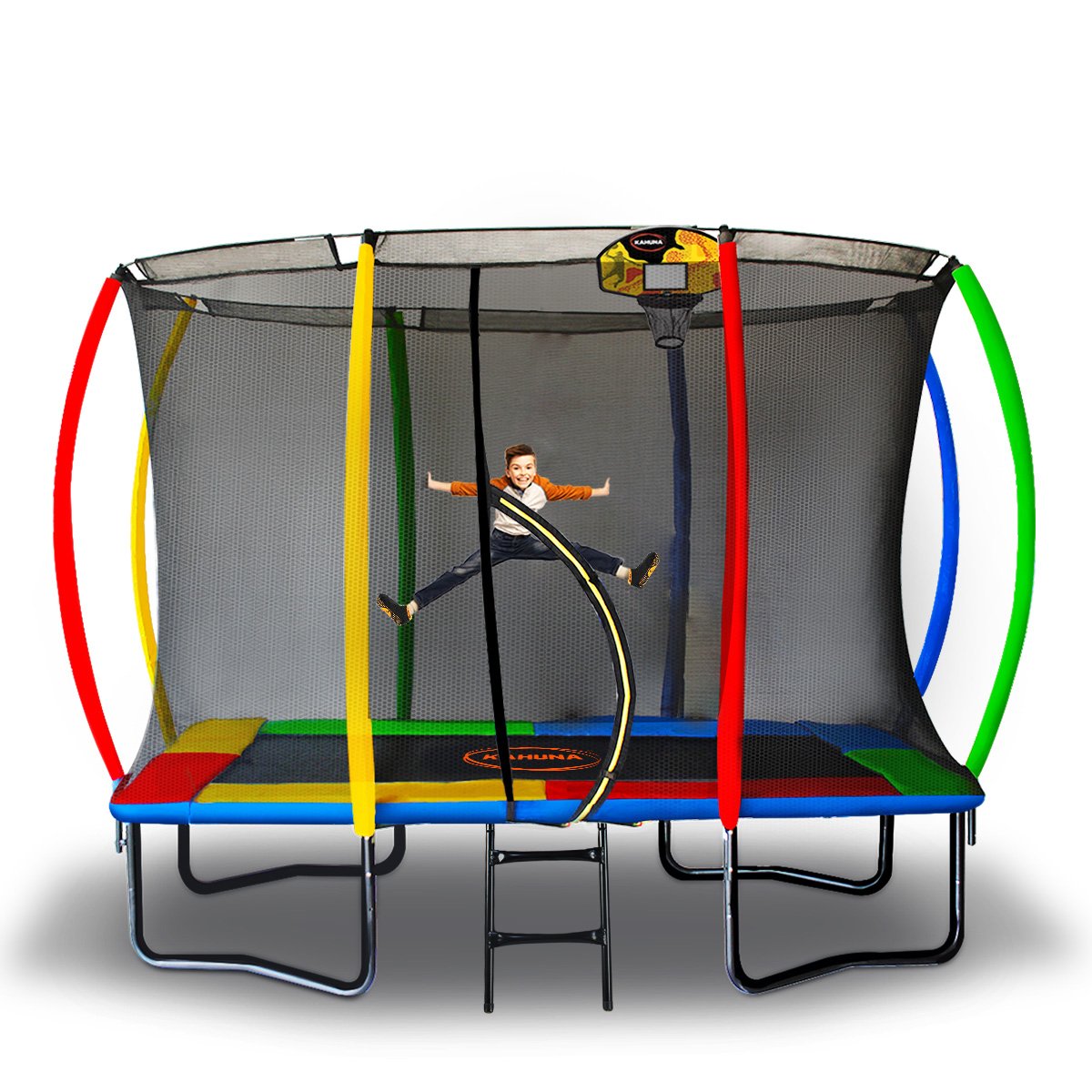 V240-TRA-FJP-RCT-0811-RB-BB-68186-00 Kahuna 8ft x 11ft Outdoor Rectangular Rainbow Trampoline With Safety Enclosure And Basketball Hoop Set. - Image 1