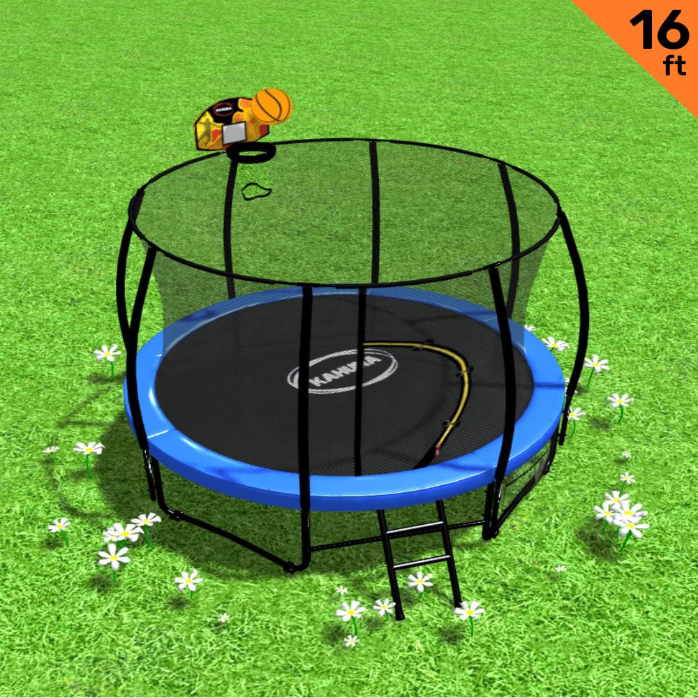 V240-TRA-KAH-16-BU-BB-76753-00 Kahuna 16ft Outdoor Trampoline Kids Children With Safety Enclosure Pad Mat Ladder Basketball Hoop Set - Blue - Image 1