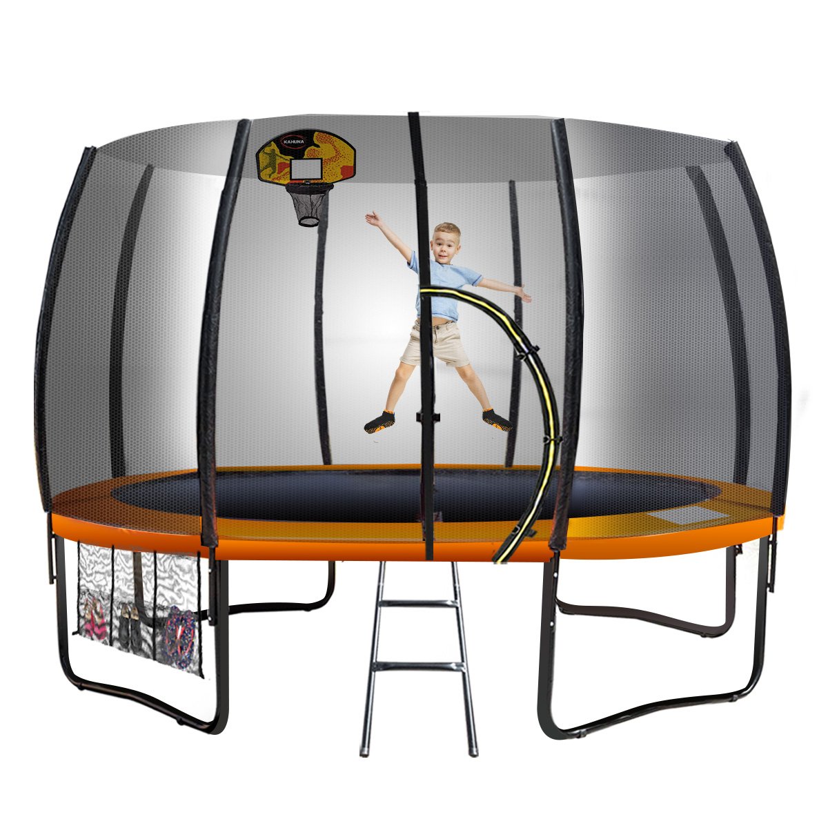 V240-TRM-KAH-ELA-14D-BB-68265-00 Kahuna Twister 14ft Springless Trampoline Outdoor Kids Safety Net Pad Mat with Basketball Set - Image 1