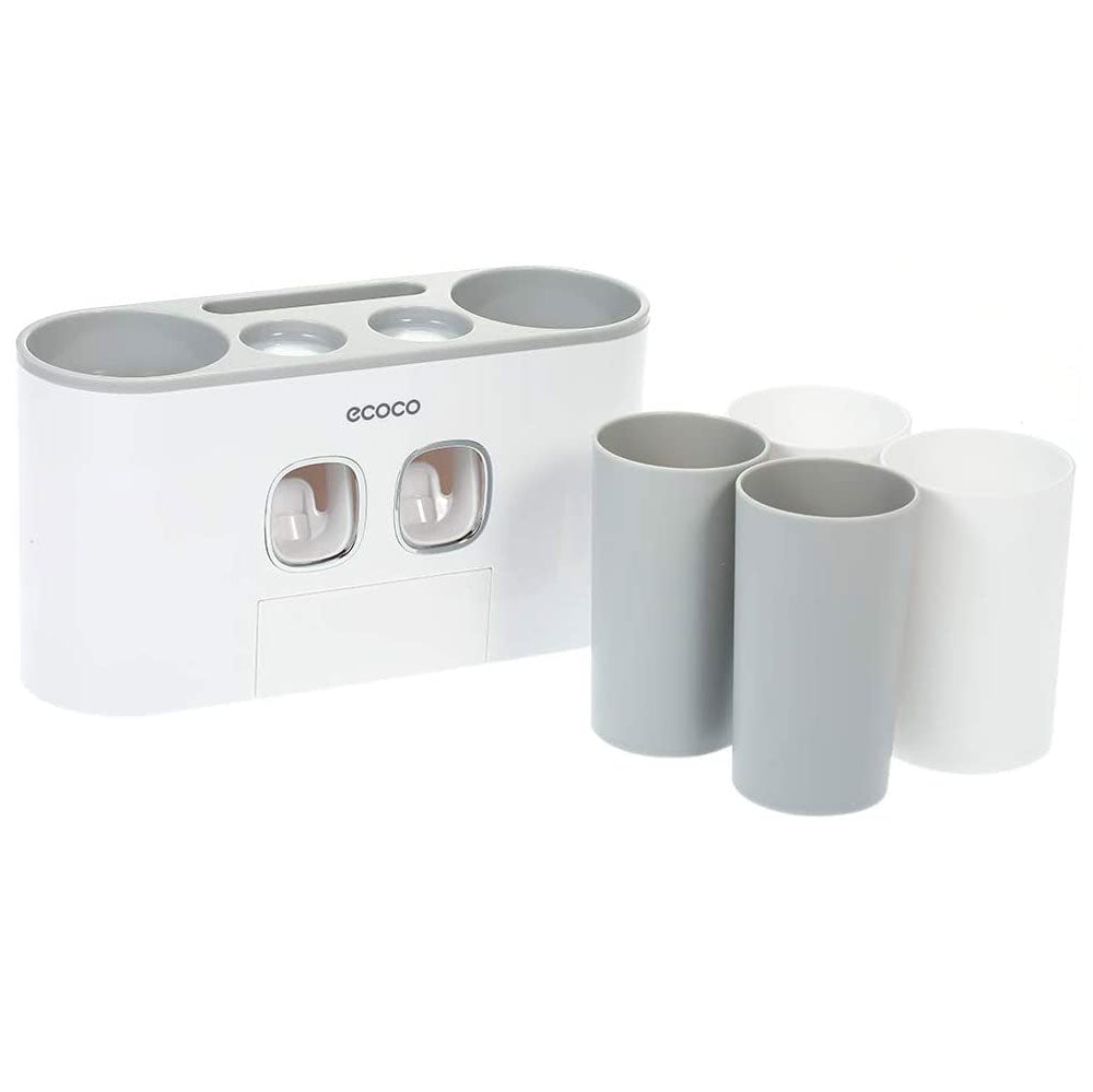 V255-E1802-GREY-52586-00 Ecoco Wall-Mounted Toothbrush Holder with 2 Toothpaste Dispensers 4 Cups and 5 Toothbrush Slots Toiletries Bathroom Storage Rack (Grey) - Image 1