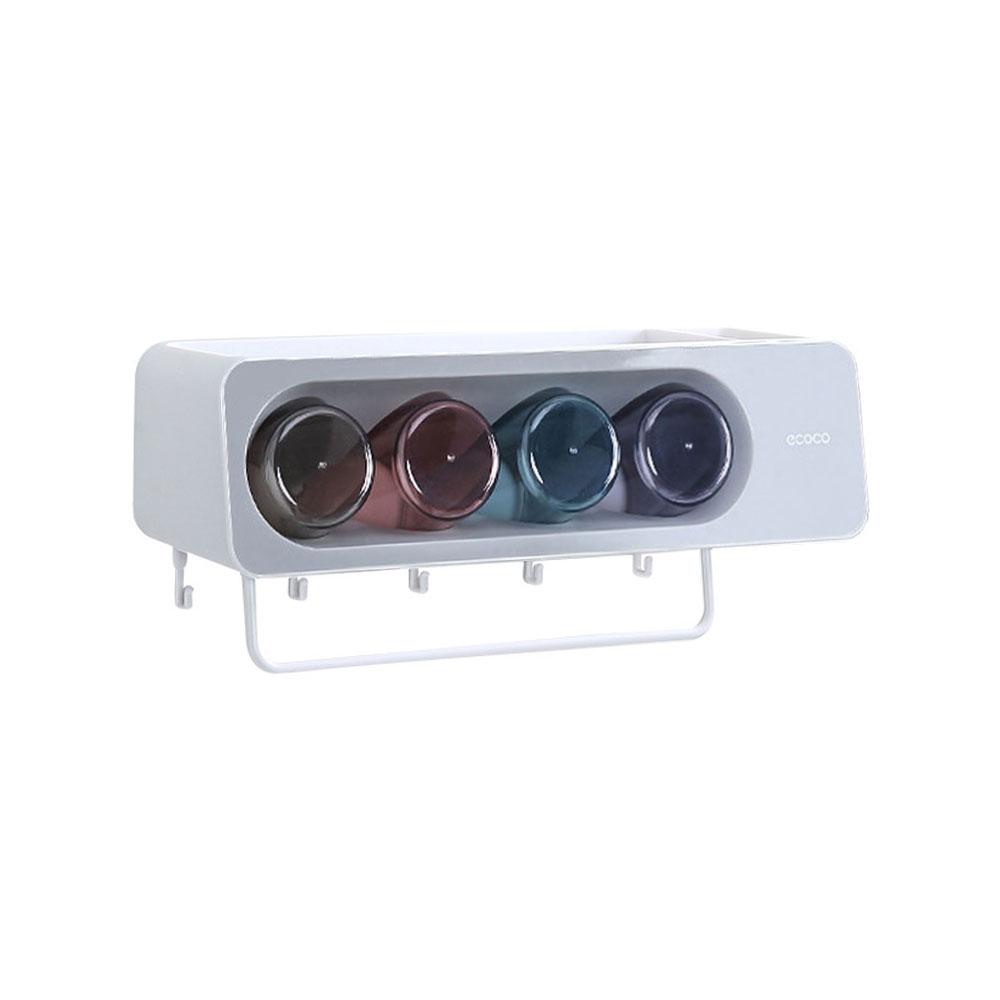 V255-E2114-52589-00 Ecoco Wall-Mounted Toothbrush Holder with 4 Cups and 4 Toothbrush Slots Toiletries Bathroom Storage Rack Grey - Image 1