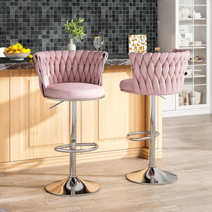 V255-GP2217R-PINK-202505281146-00 SERENITà Modern Silver Swivel Upholstered Velvet Adjustable Height Counter Stool with Metal Frame Pink (Set of 2) - Image 1