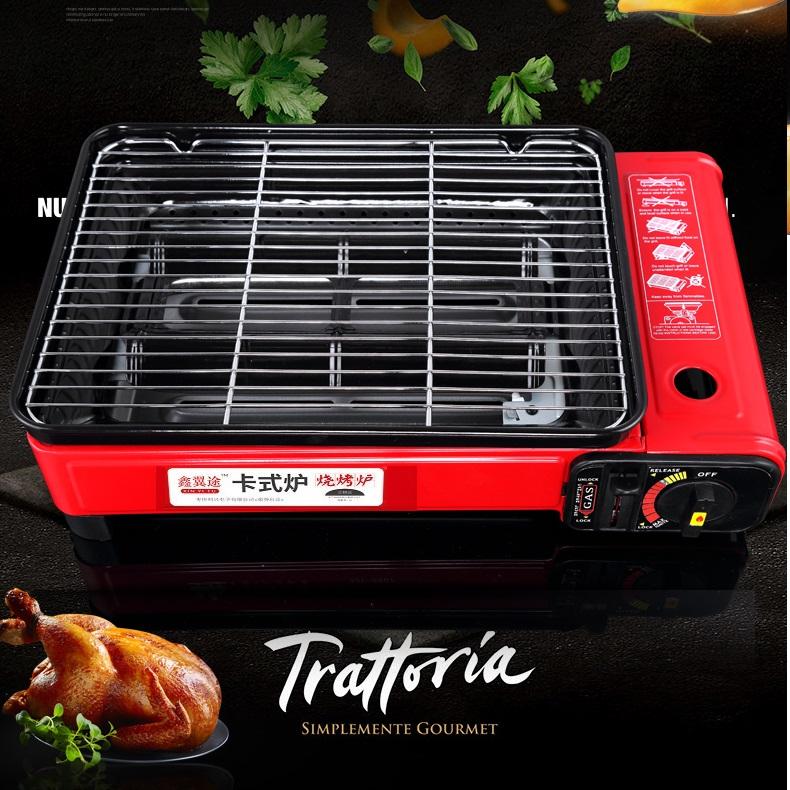 V255-JYT-001-OR-52249-05 Portable Gas Stove Burner Butane BBQ Camping Gas Cooker With Non Stick Plate Red with Fish Pan and Lid - Image 1