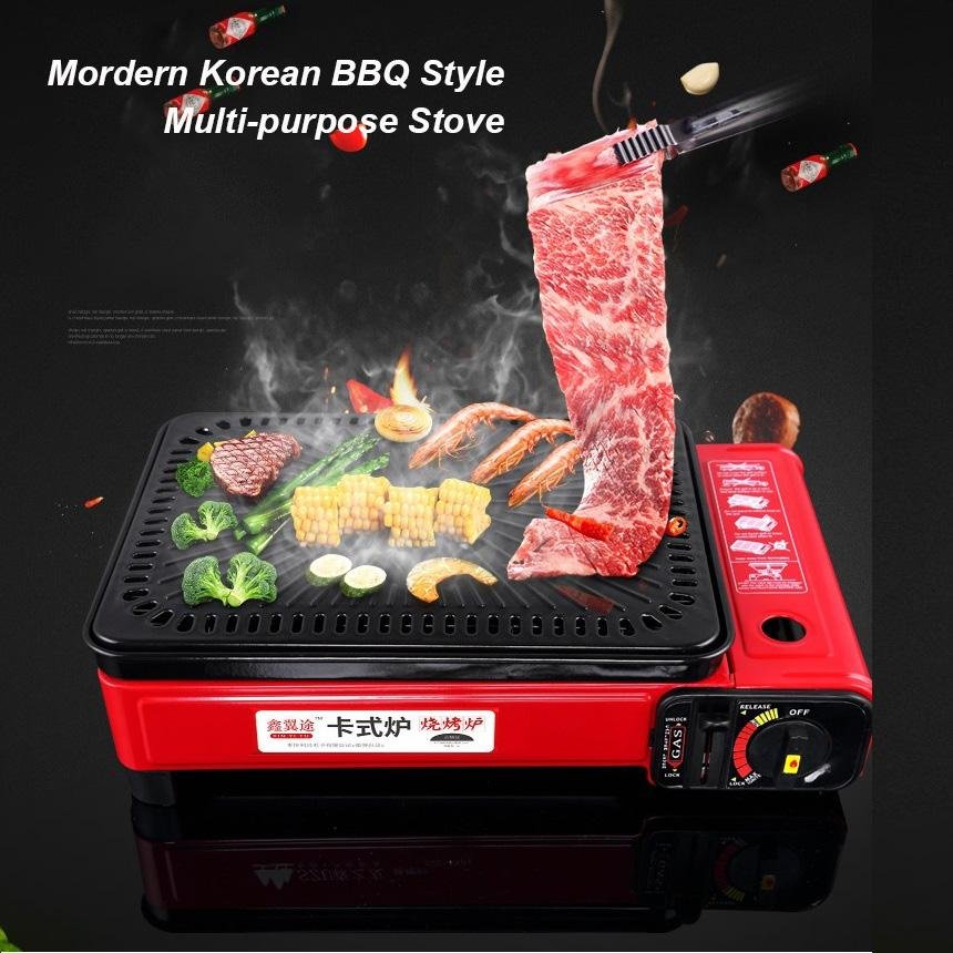 V255-JYT-001-RD-52247-02 Portable Gas Stove Burner Butane BBQ Camping Gas Cooker With Non Stick Plate Red with Fish Pan and Lid - Image 1