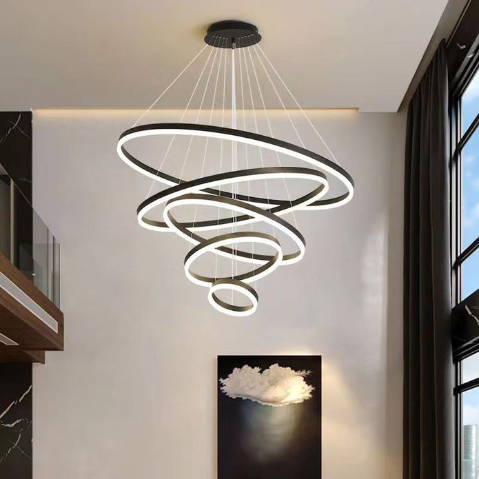 V255-L-18815-B-24680-197145-00 Black 5 Rings Minimalist LED Pendant Light Adjustable Circular Chandelier - Image 1