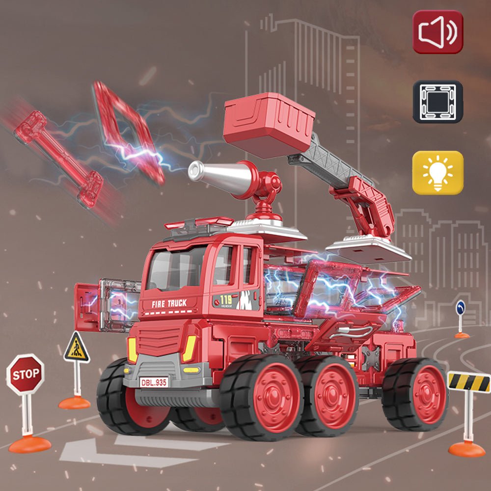 V255-TRUCK_U512-97387-00 DanBaoLe Magnetic Fire Truck DIY Assembly Eneineering Vehicle with Music Lights Red Christmas Gift - Image 1