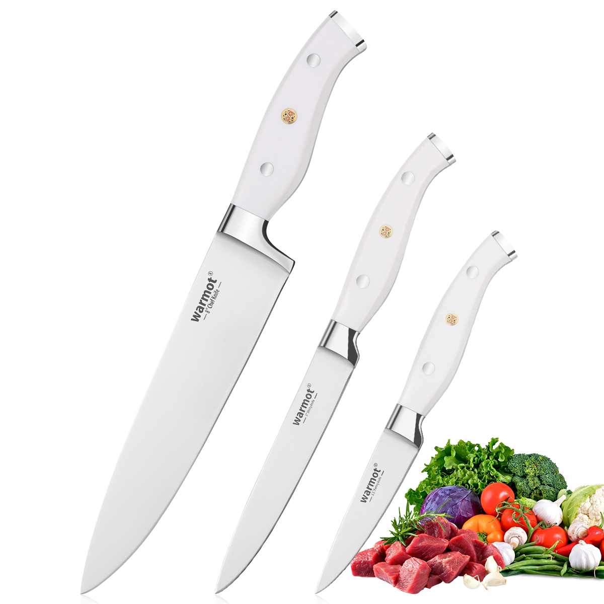 V28-ELEWMTP956W3-197912-00 Warmot 3-Piece Ultra Sharp Chefs Knife Set with Gift Box (956-3) - Image 1