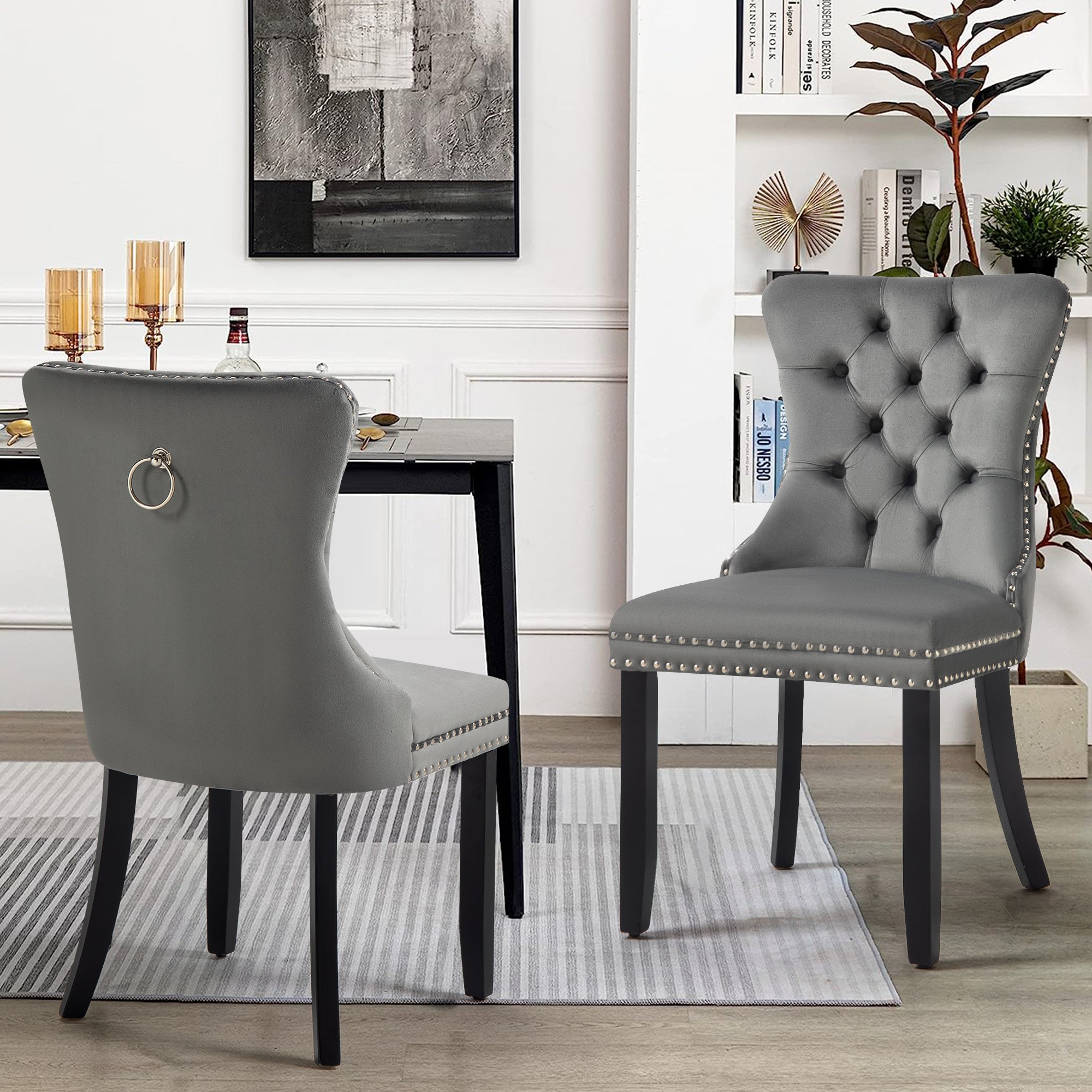 V292-DC-ALSEA-DGREY-BLACK-141252-00 Set of 2 - Alsea Dark Grey Velvet & Black Rubberwood Dining Chairs Upholstered Tufted Stud Trim and Ring - Image 1
