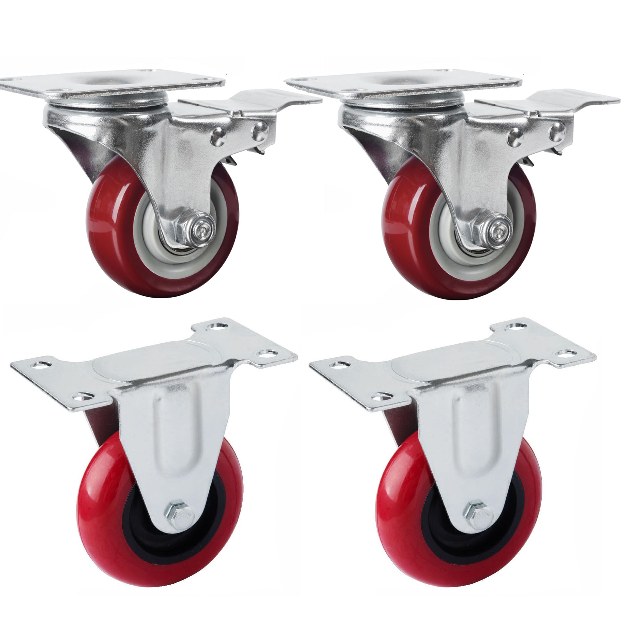V324-4X-3IN-WR-WHEEL-139465-00 4x 3 inch Heavy Duty 2x Fixed + 2x Swivel Casters Load 300kg Castor Caster Wheels Swivel Casters with Brakes - Image 1