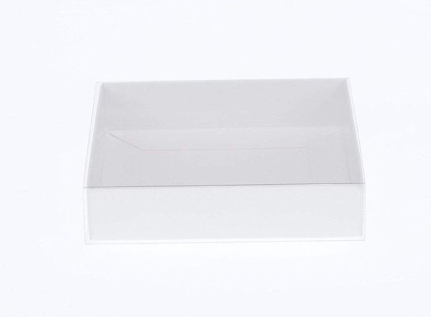 V382-100INVBOXWH8X8X2-144371-00 100 Pack of 8cm Square Wedding Invitation Coaster Favor Function product Presentation Cookie Biscuit Patisserie Gift Box - 2cm deep - White Card with Clear Slide On PVC Lid - Image 1